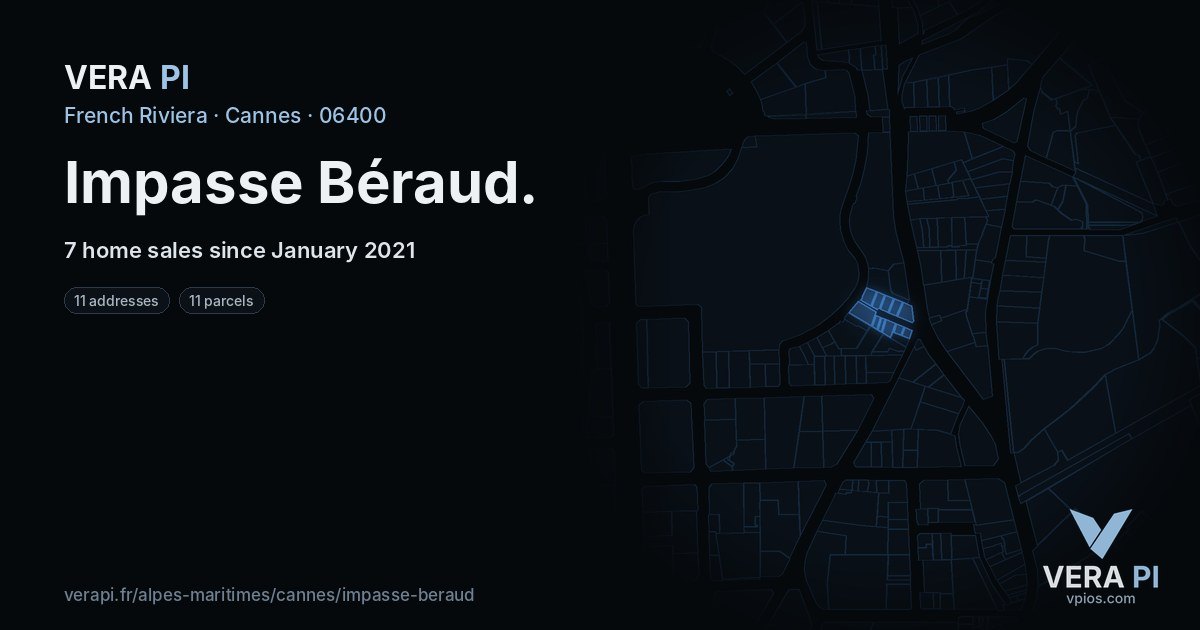 Impasse Béraud, Cannes at night – every parcel coloured by the prices around it, the street's own parcels lit