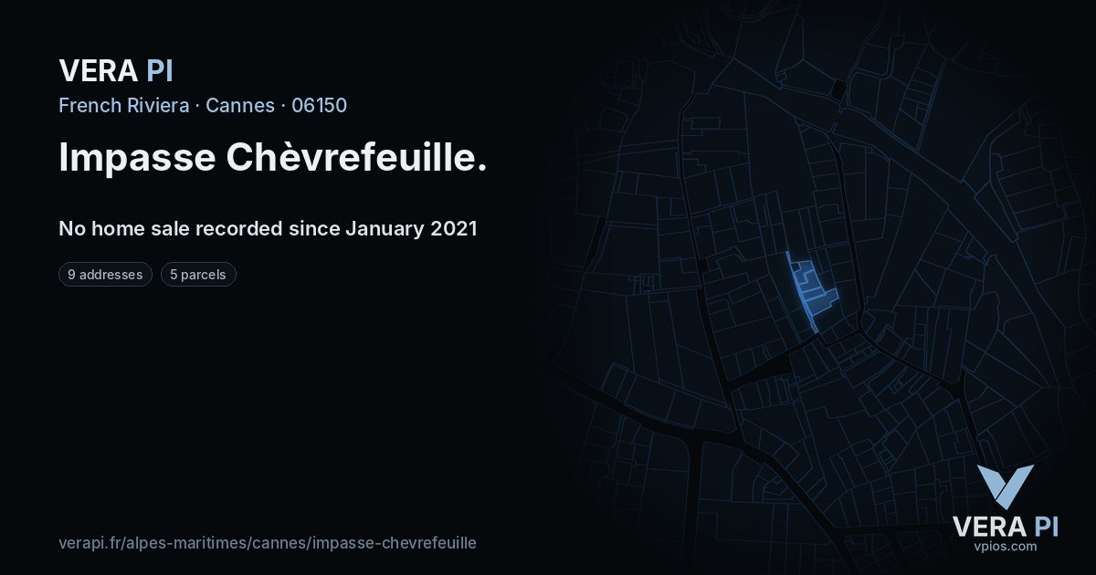 Impasse Chèvrefeuille, Cannes at night – every parcel coloured by the prices around it, the street's own parcels lit