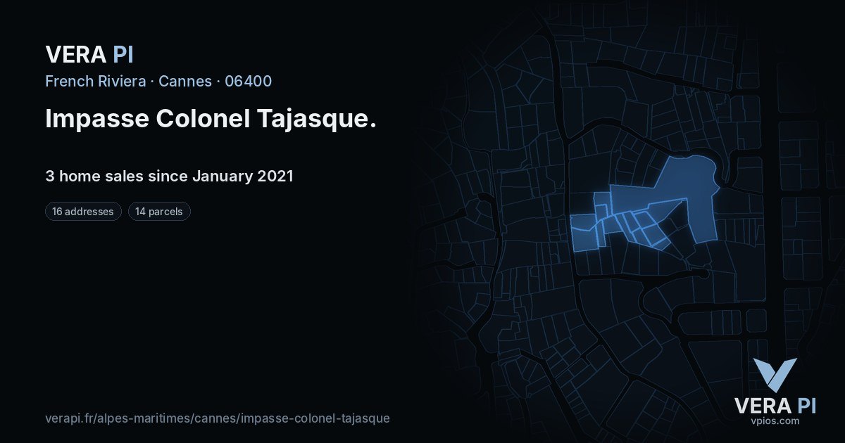 Impasse Colonel Tajasque, Cannes at night – every parcel coloured by the prices around it, the street's own parcels lit