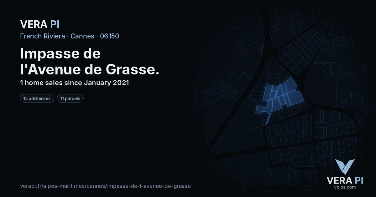 Impasse de l'Avenue de Grasse, Cannes at night – every parcel coloured by the prices around it, the street's own parcels lit