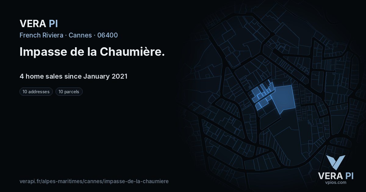 Impasse de la Chaumière, Cannes at night – every parcel coloured by the prices around it, the street's own parcels lit