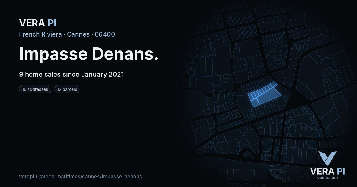 Impasse Denans, Cannes at night – every parcel coloured by the prices around it, the street's own parcels lit