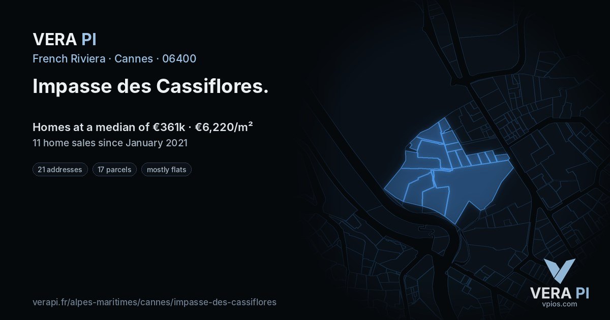 Impasse des Cassiflores, Cannes at night – every parcel coloured by the prices around it, the street's own parcels lit