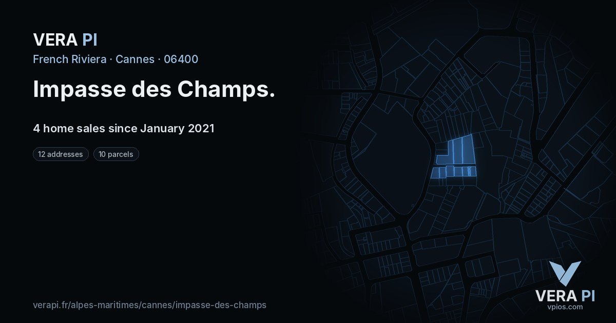 Impasse des Champs, Cannes at night – every parcel coloured by the prices around it, the street's own parcels lit