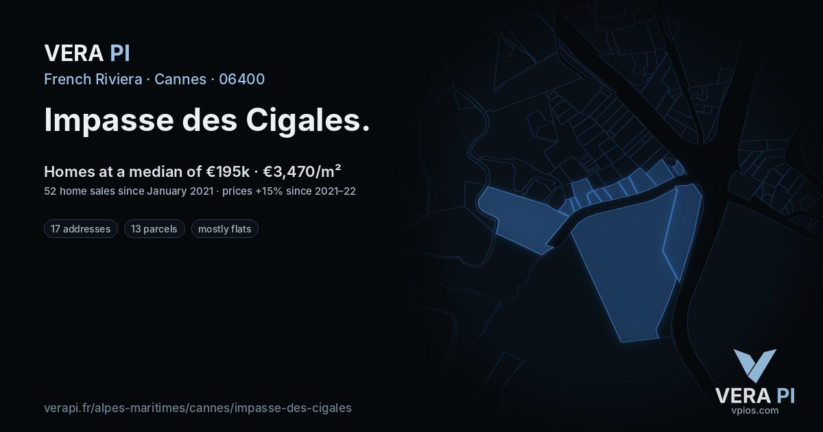 Impasse des Cigales, Cannes at night – every parcel coloured by the prices around it, the street's own parcels lit