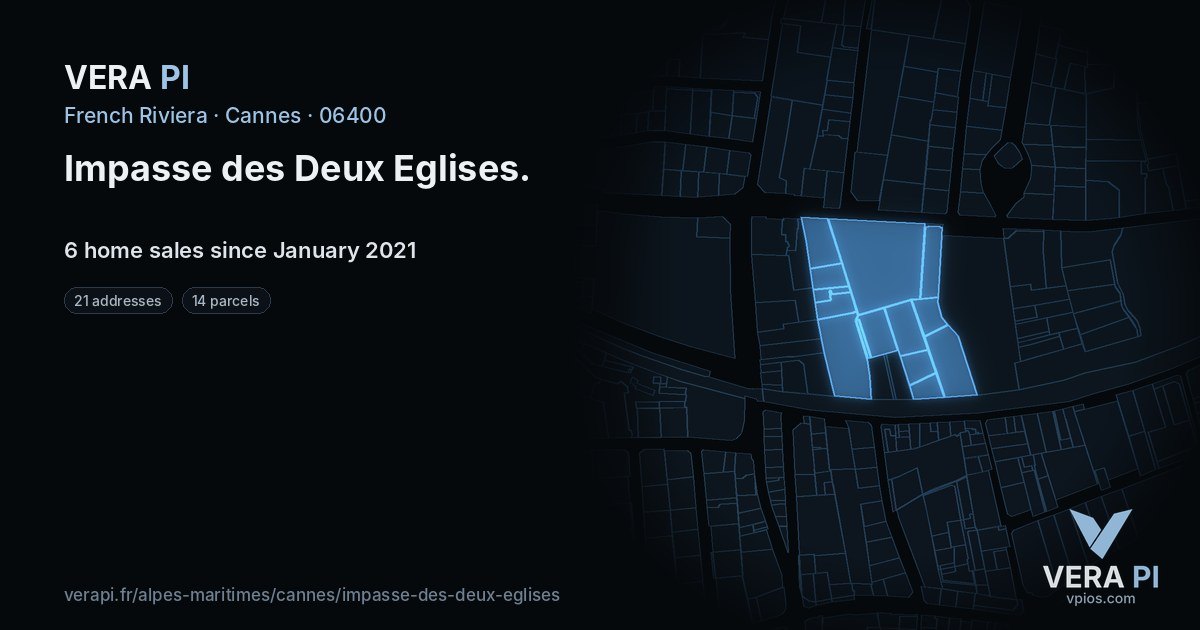Impasse des Deux Eglises, Cannes at night – every parcel coloured by the prices around it, the street's own parcels lit