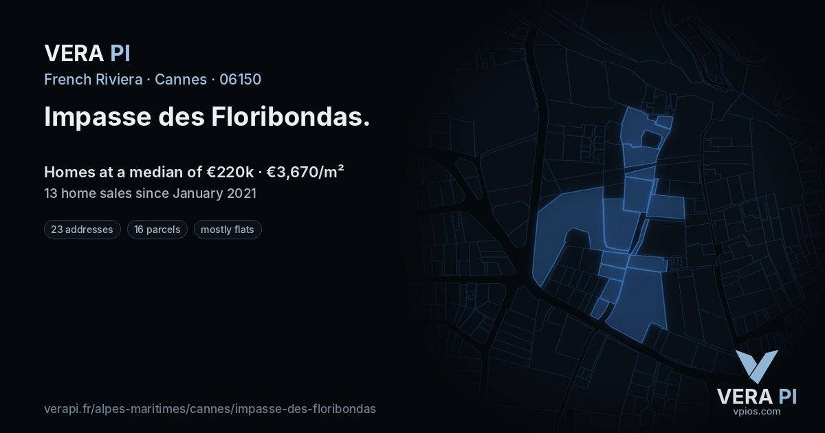 Impasse des Floribondas, Cannes at night – every parcel coloured by the prices around it, the street's own parcels lit