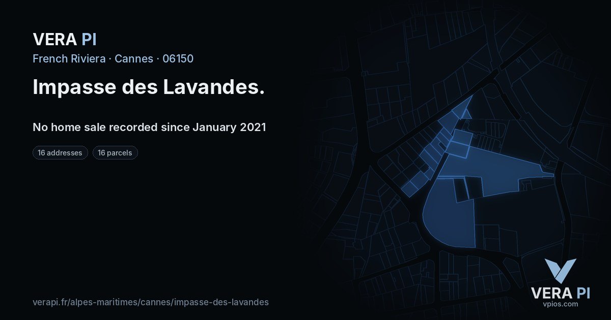 Impasse des Lavandes, Cannes at night – every parcel coloured by the prices around it, the street's own parcels lit