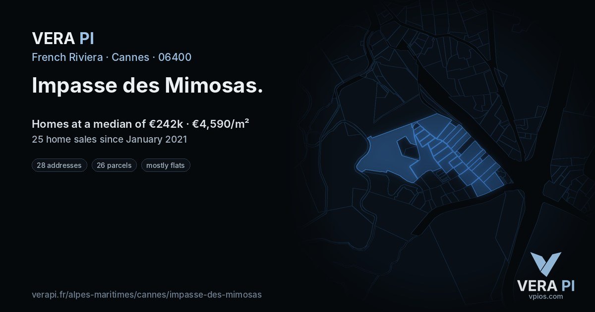 Impasse des Mimosas, Cannes at night – every parcel coloured by the prices around it, the street's own parcels lit