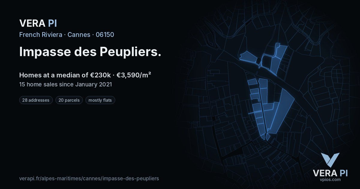 Impasse des Peupliers, Cannes at night – every parcel coloured by the prices around it, the street's own parcels lit