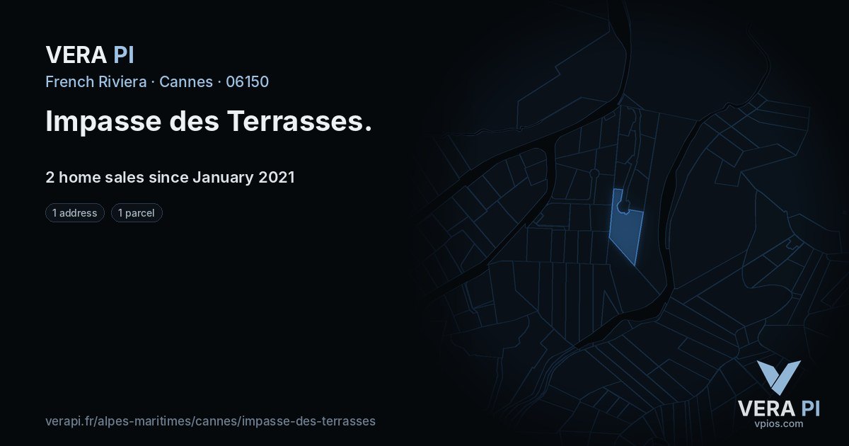 Impasse des Terrasses, Cannes at night – every parcel coloured by the prices around it, the street's own parcels lit