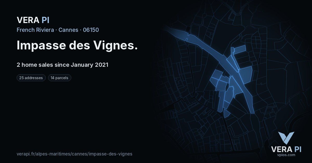 Impasse des Vignes, Cannes at night – every parcel coloured by the prices around it, the street's own parcels lit