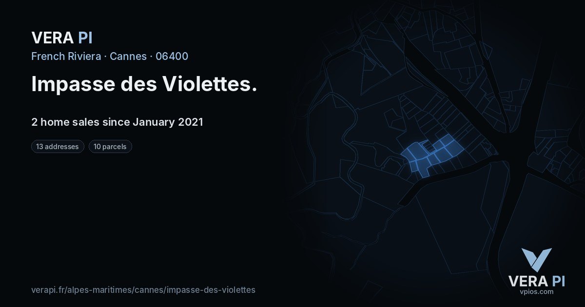 Impasse des Violettes, Cannes at night – every parcel coloured by the prices around it, the street's own parcels lit