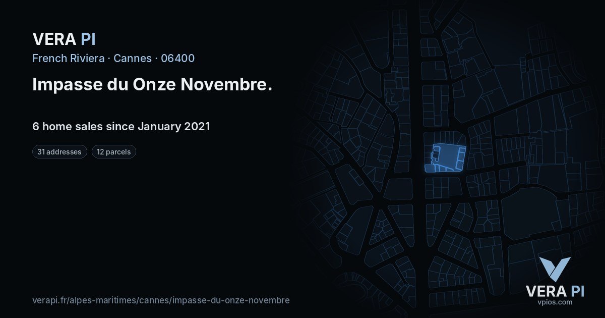 Impasse du Onze Novembre, Cannes at night – every parcel coloured by the prices around it, the street's own parcels lit