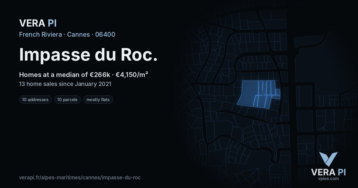 Impasse du Roc, Cannes at night – every parcel coloured by the prices around it, the street's own parcels lit