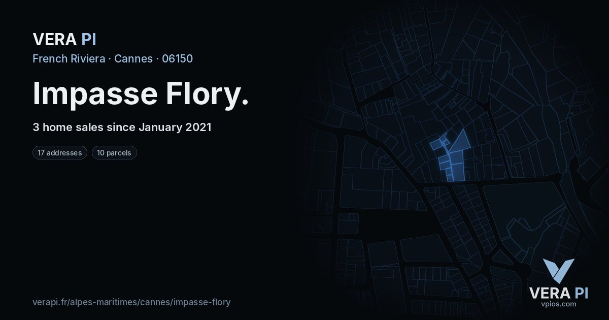 Impasse Flory, Cannes at night – every parcel coloured by the prices around it, the street's own parcels lit