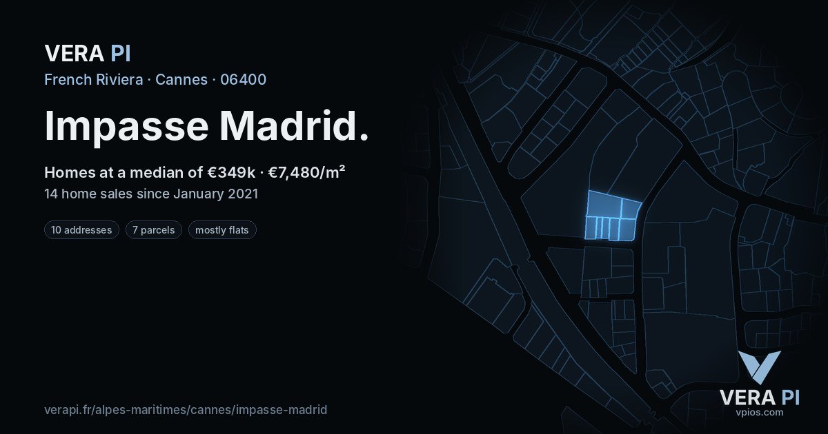 Impasse Madrid, Cannes at night – every parcel coloured by the prices around it, the street's own parcels lit