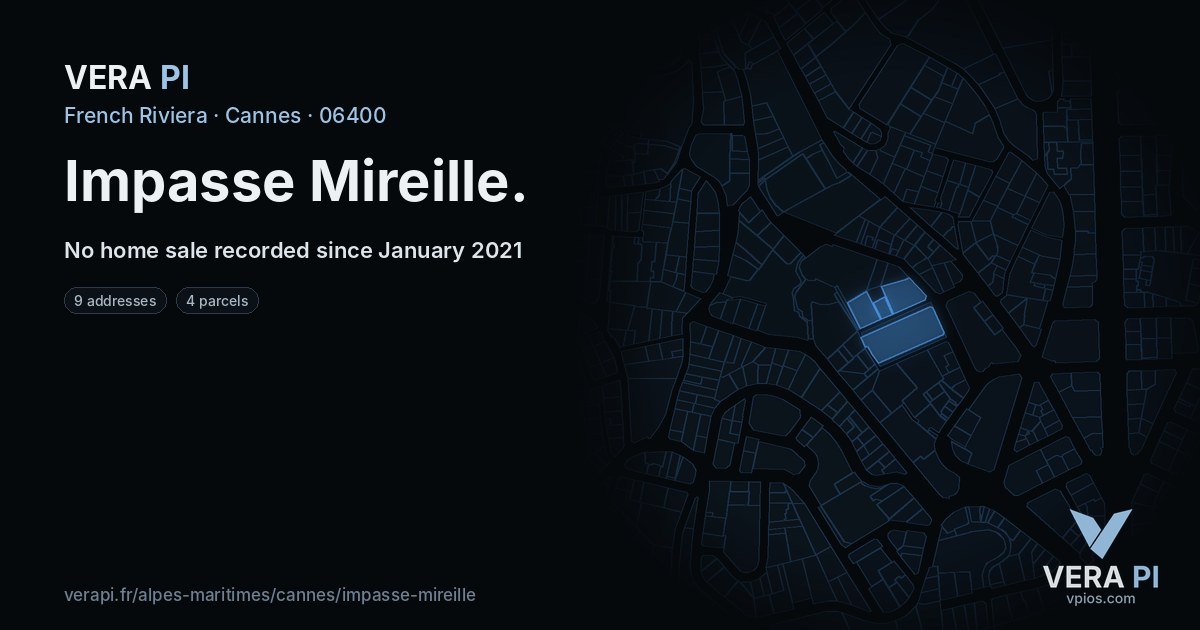 Impasse Mireille, Cannes at night – every parcel coloured by the prices around it, the street's own parcels lit