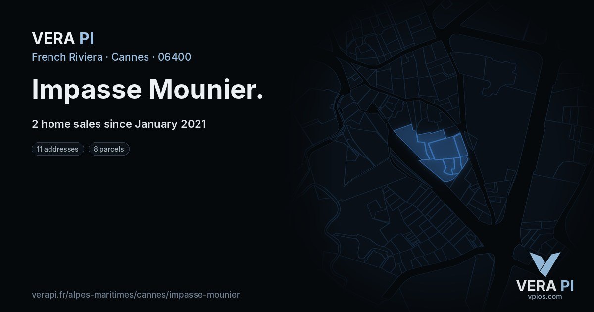 Impasse Mounier, Cannes at night – every parcel coloured by the prices around it, the street's own parcels lit
