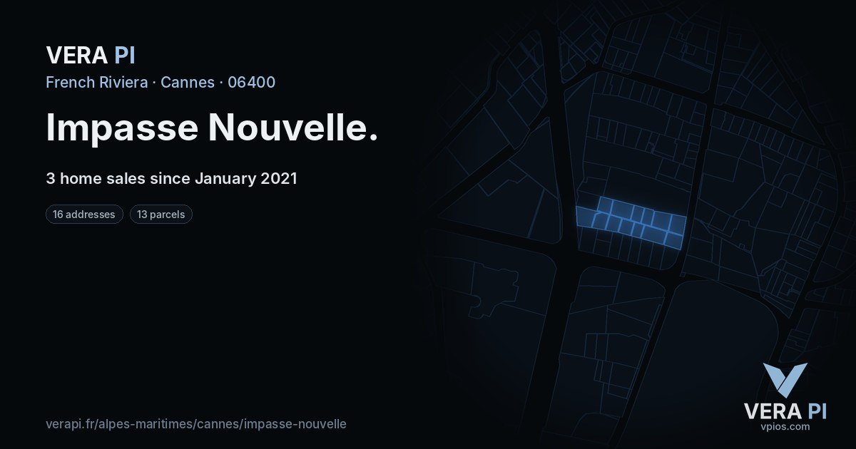 Impasse Nouvelle, Cannes at night – every parcel coloured by the prices around it, the street's own parcels lit