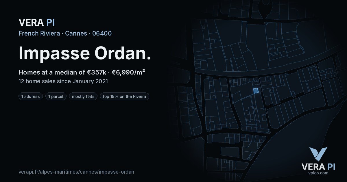 Impasse Ordan, Cannes at night – every parcel coloured by the prices around it, the street's own parcels lit