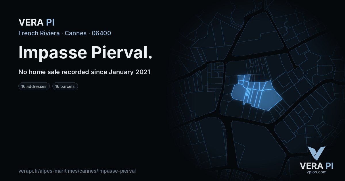 Impasse Pierval, Cannes at night – every parcel coloured by the prices around it, the street's own parcels lit