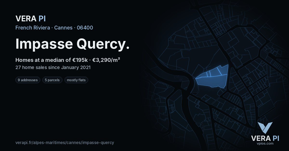 Impasse Quercy, Cannes at night – every parcel coloured by the prices around it, the street's own parcels lit