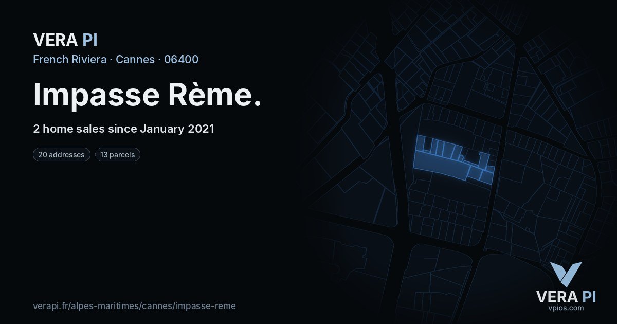 Impasse Rème, Cannes at night – every parcel coloured by the prices around it, the street's own parcels lit
