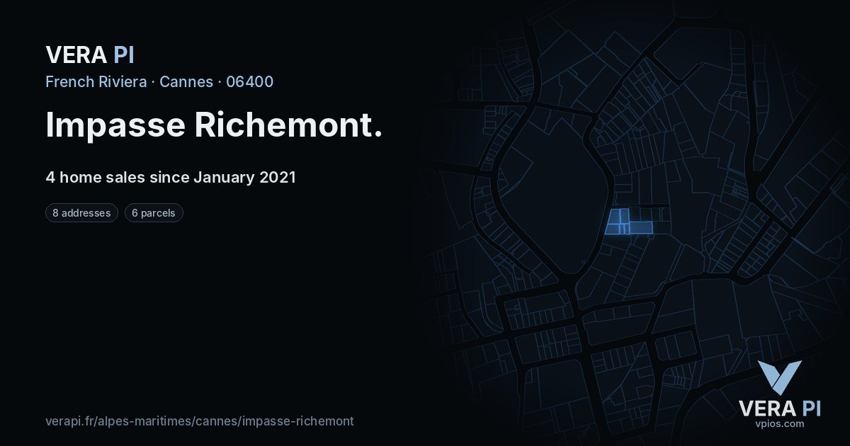 Impasse Richemont, Cannes at night – every parcel coloured by the prices around it, the street's own parcels lit