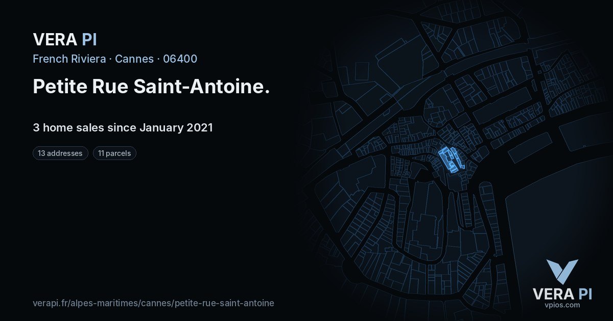 Petite Rue Saint-Antoine, Cannes at night – every parcel coloured by the prices around it, the street's own parcels lit