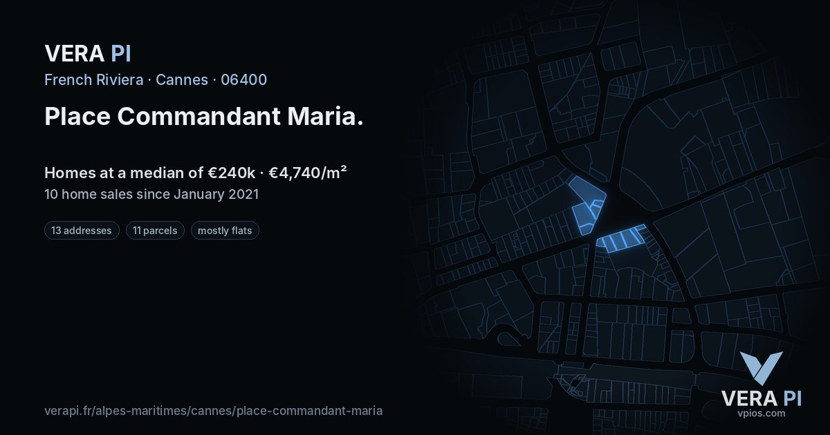 Place Commandant Maria, Cannes at night – every parcel coloured by the prices around it, the street's own parcels lit