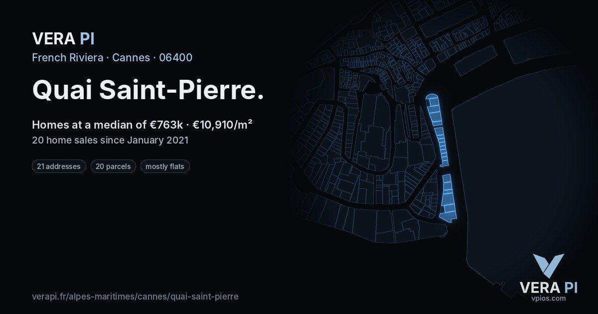 Quai Saint-Pierre, Cannes at night – every parcel coloured by the prices around it, the street's own parcels lit