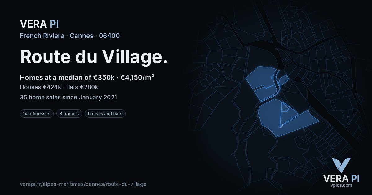 Route du Village, Cannes at night – every parcel coloured by the prices around it, the street's own parcels lit