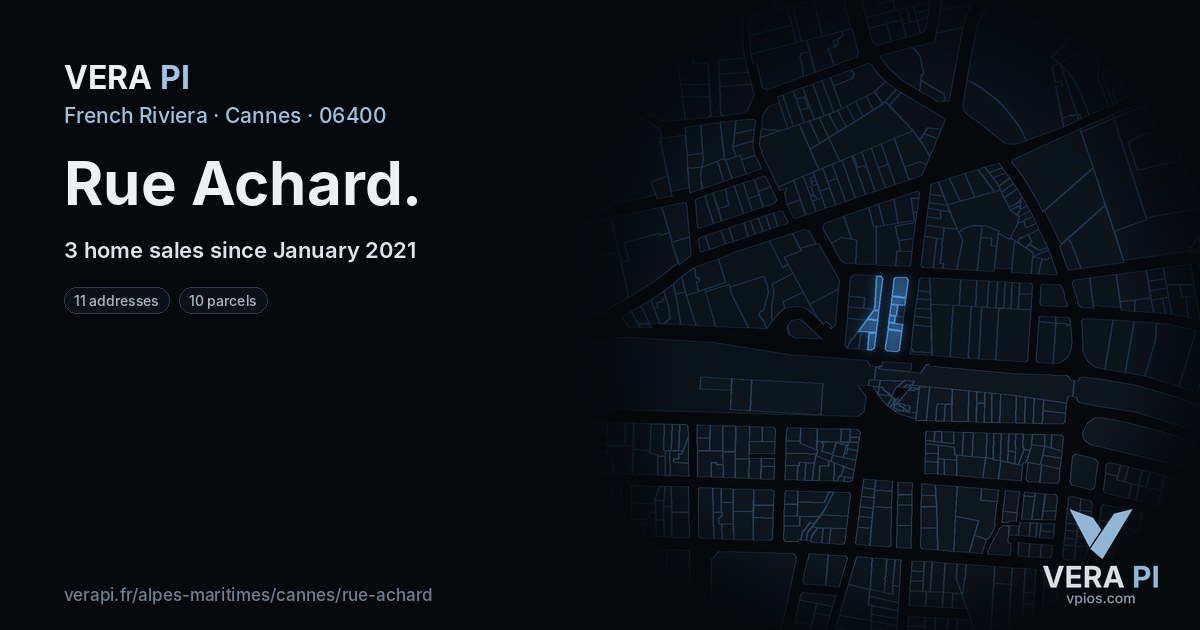 Rue Achard, Cannes at night – every parcel coloured by the prices around it, the street's own parcels lit
