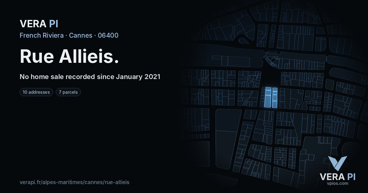 Rue Allieis, Cannes at night – every parcel coloured by the prices around it, the street's own parcels lit