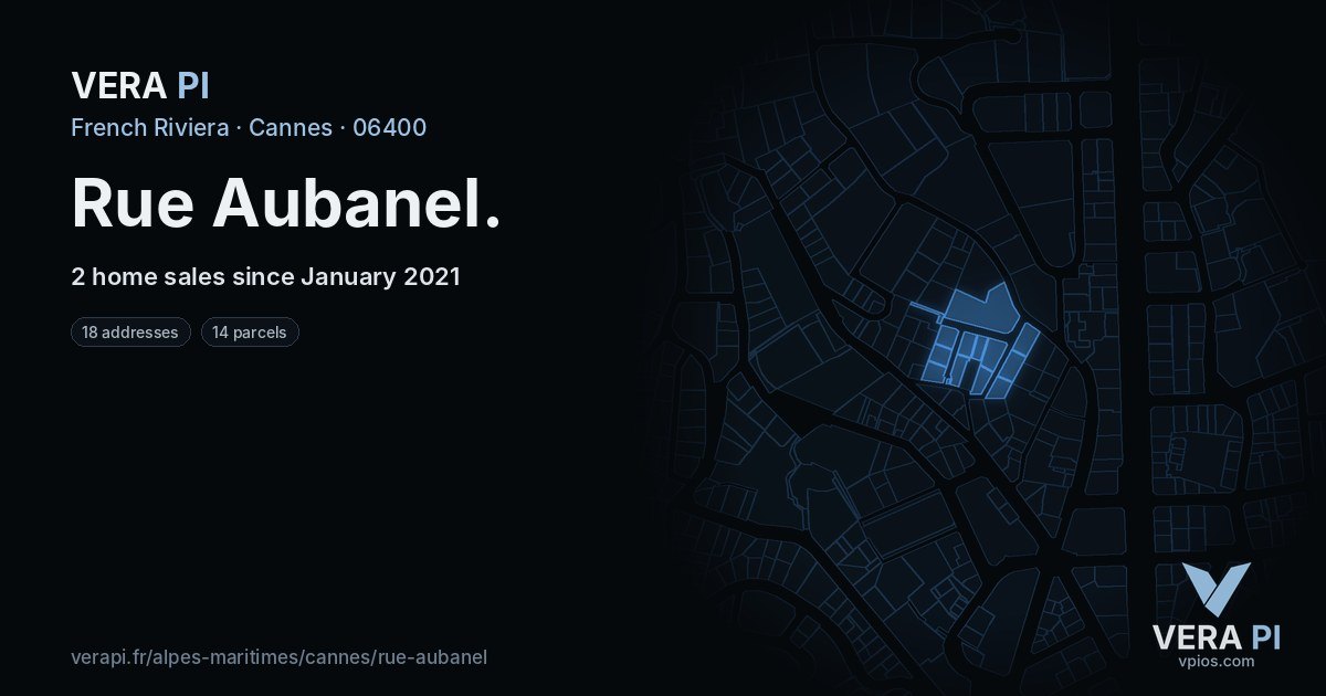 Rue Aubanel, Cannes at night – every parcel coloured by the prices around it, the street's own parcels lit