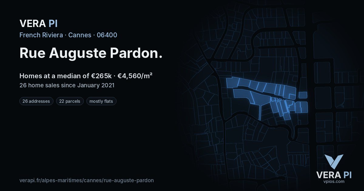 Rue Auguste Pardon, Cannes at night – every parcel coloured by the prices around it, the street's own parcels lit