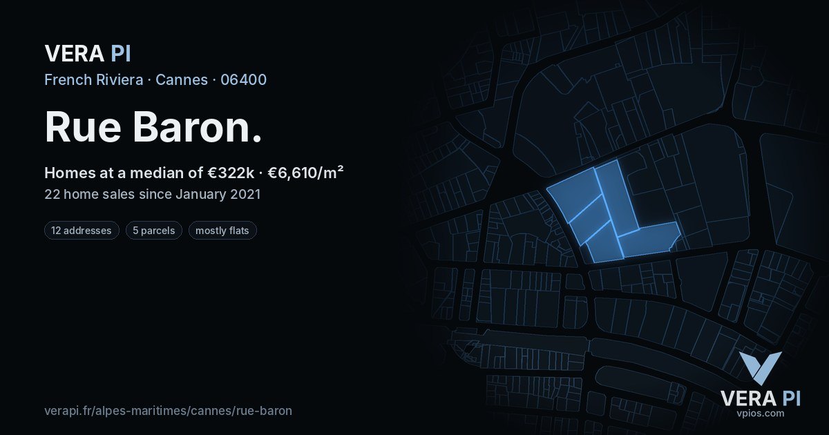 Rue Baron, Cannes at night – every parcel coloured by the prices around it, the street's own parcels lit