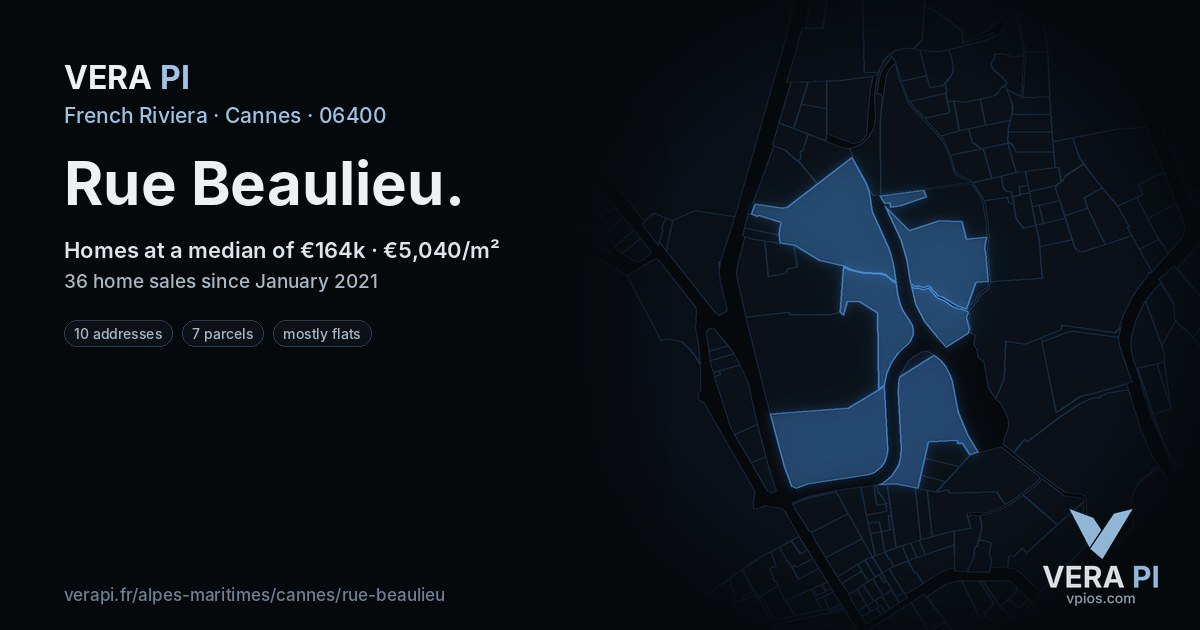 Rue Beaulieu, Cannes at night – every parcel coloured by the prices around it, the street's own parcels lit