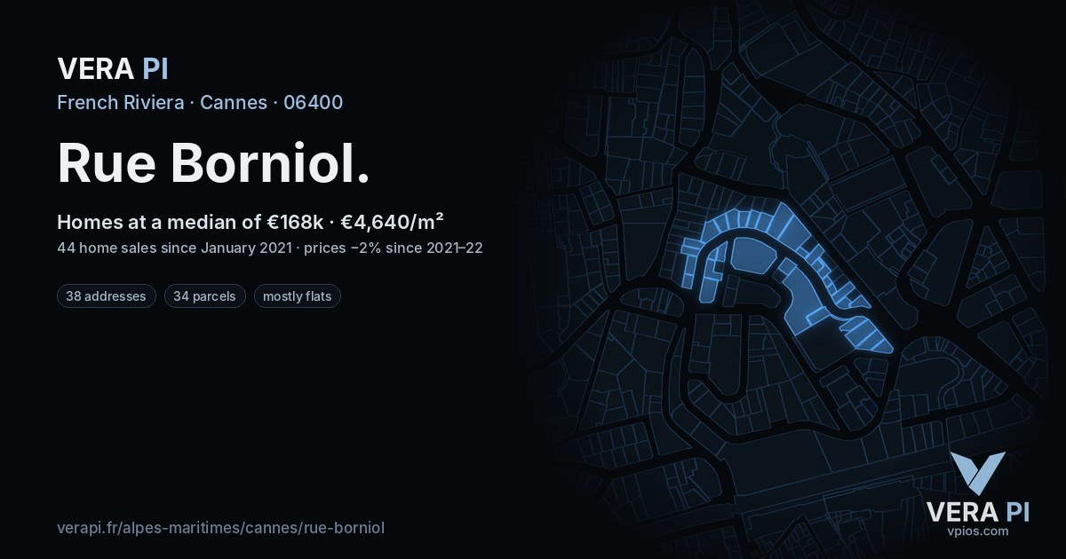 Rue Borniol, Cannes at night – every parcel coloured by the prices around it, the street's own parcels lit