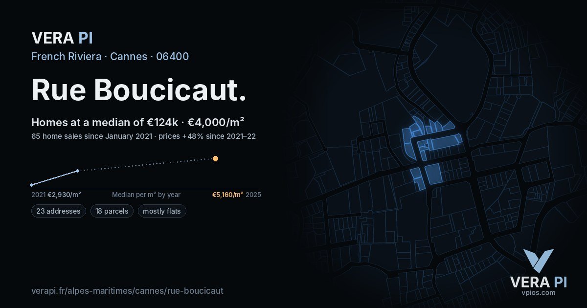Rue Boucicaut, Cannes at night – every parcel coloured by the prices around it, the street's own parcels lit