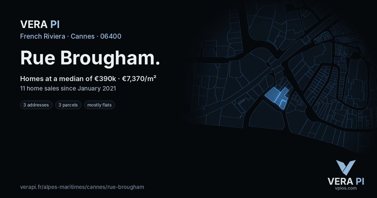 Rue Brougham, Cannes at night – every parcel coloured by the prices around it, the street's own parcels lit