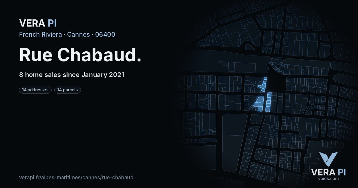 Rue Chabaud, Cannes at night – every parcel coloured by the prices around it, the street's own parcels lit