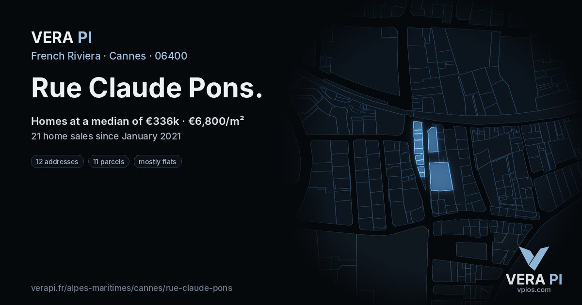 Rue Claude Pons, Cannes at night – every parcel coloured by the prices around it, the street's own parcels lit