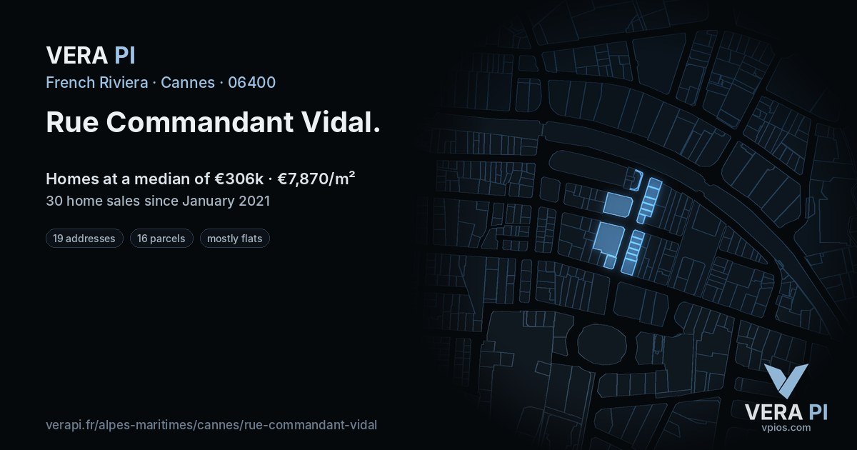 Rue Commandant Vidal, Cannes at night – every parcel coloured by the prices around it, the street's own parcels lit