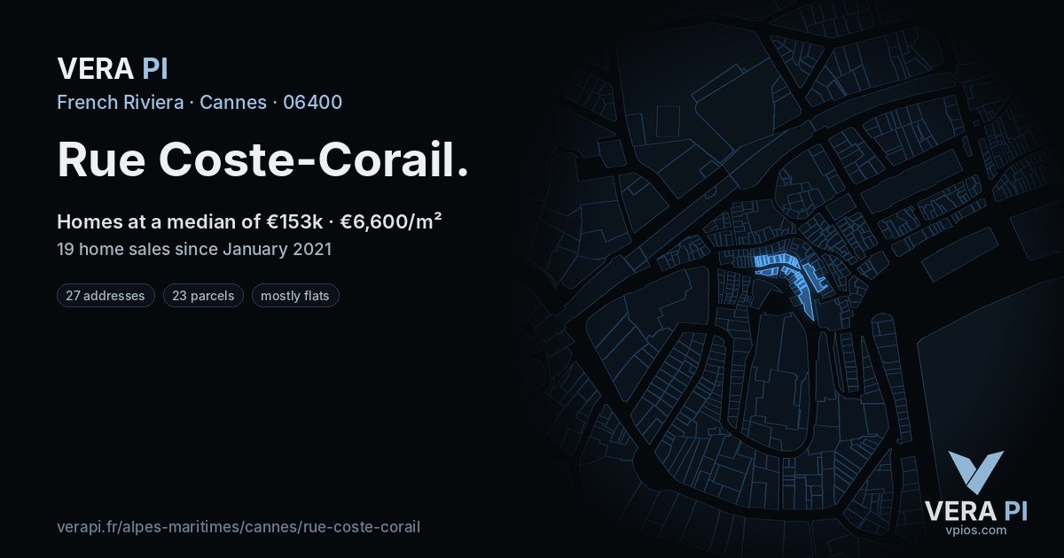 Rue Coste-Corail, Cannes at night – every parcel coloured by the prices around it, the street's own parcels lit