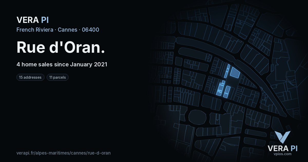 Rue d'Oran, Cannes at night – every parcel coloured by the prices around it, the street's own parcels lit