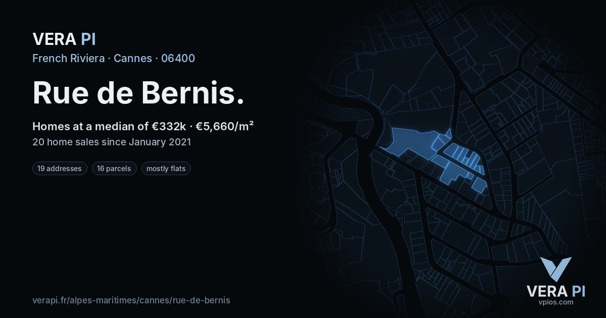 Rue de Bernis, Cannes at night – every parcel coloured by the prices around it, the street's own parcels lit