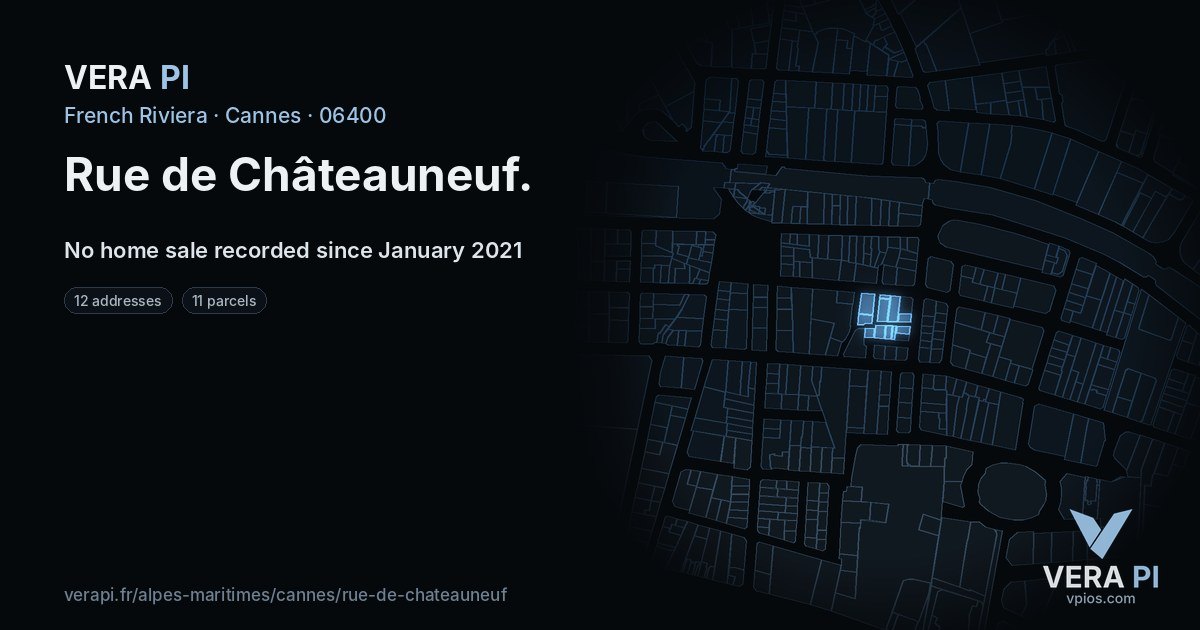 Rue de Châteauneuf, Cannes at night – every parcel coloured by the prices around it, the street's own parcels lit