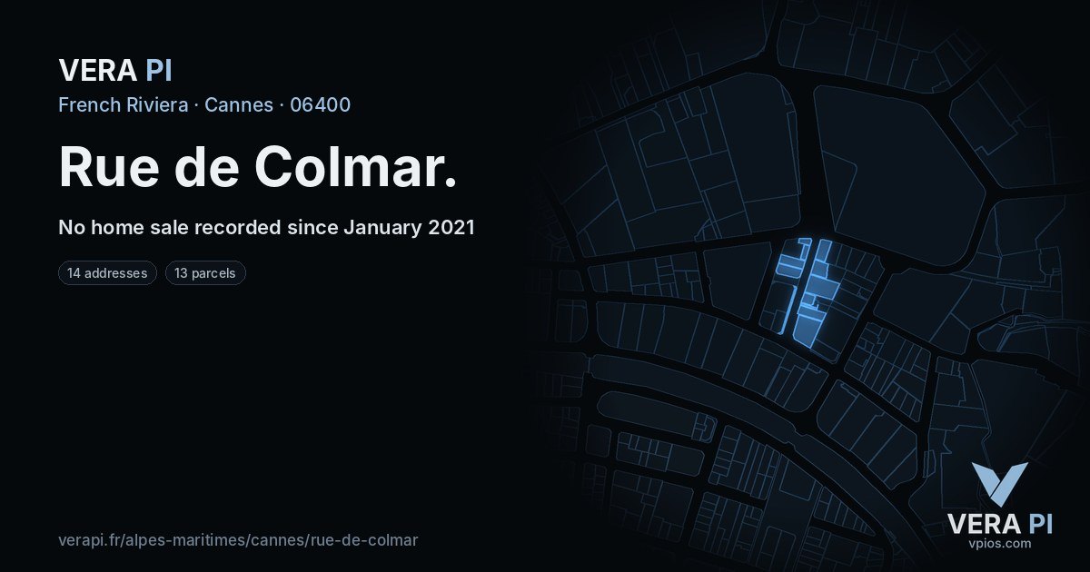 Rue de Colmar, Cannes at night – every parcel coloured by the prices around it, the street's own parcels lit
